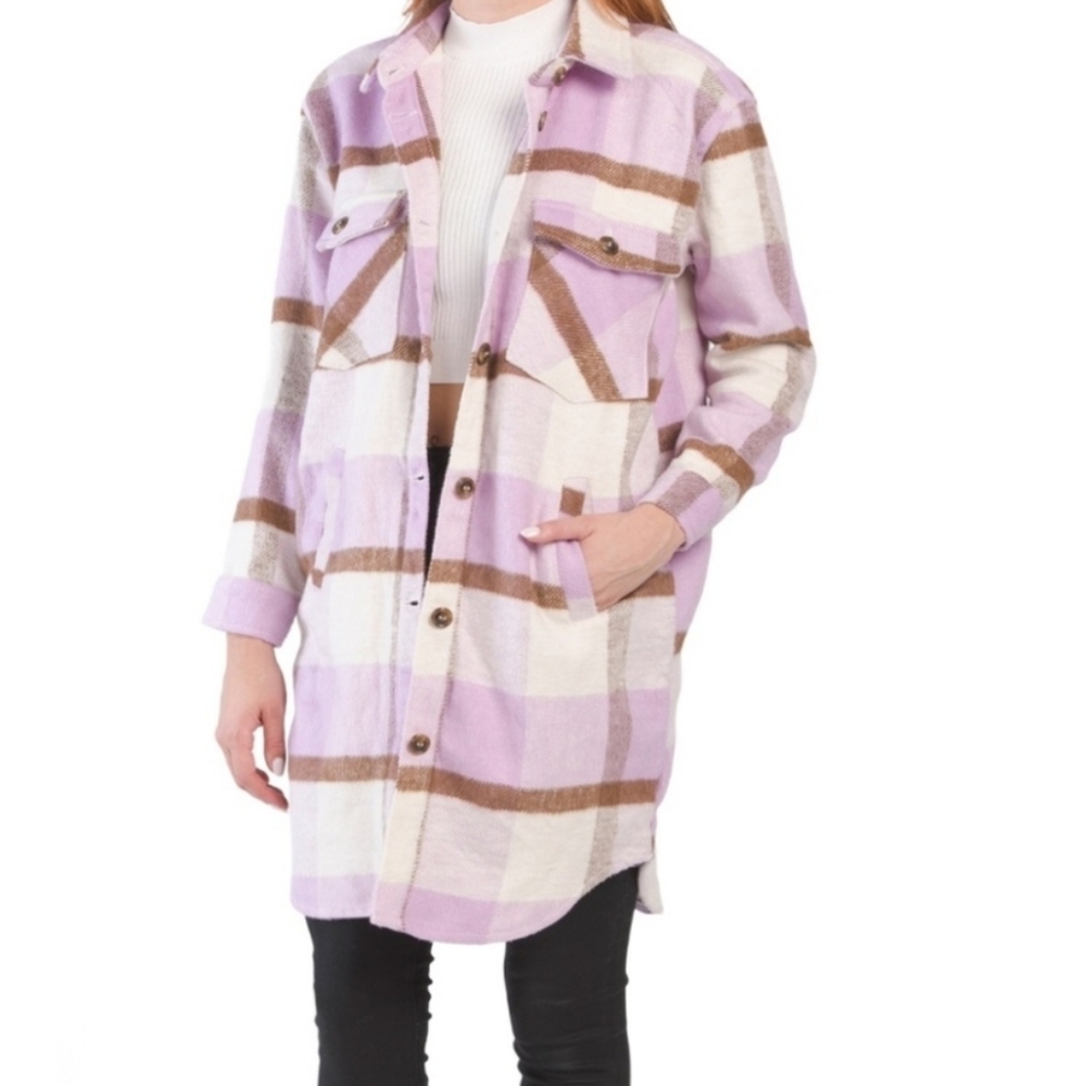 Blank NYC Plaid Shacket Jacket Size Medium 'Keep It Up' Purple & Brown